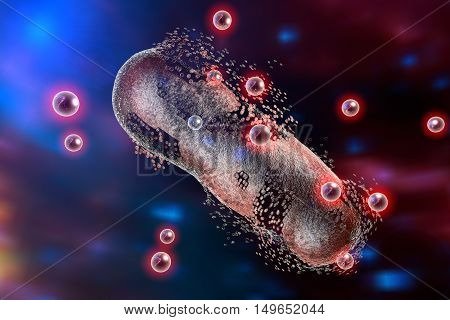 Destruction of a bacterium by silver nanoparticles, 3D illustration. An illustration can be also used to demonstrate action of any antibiotic substance or drug