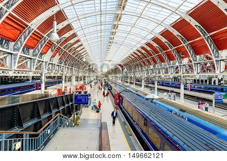 LONDON - SEPTEMBER 08: View of Paddington station's traditional architecture with trains awaiting passengers to board on September 8th 2016 in London