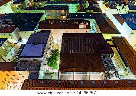 Ariel view of buildings at night in Zadar