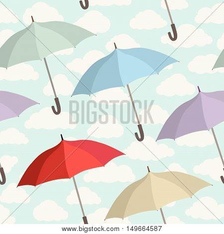 Umbrella seamless pattern. Cloudy sky tiling pattern. Rainy autumn concept background