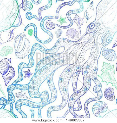 Octopus and Seashell seamless pattern. Summer holiday marine background. Underwater ornamental textured sketching  with sea shells sea star and sand.