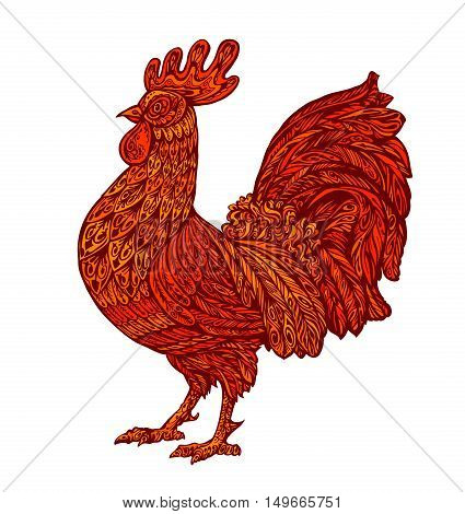 Symbol New Year. Silhouette red cock decorated with pattern. Vector illustration