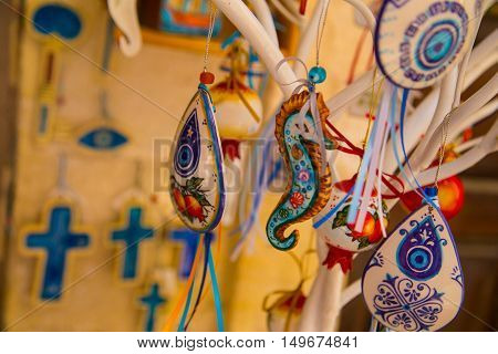 glass souvenirs in shop  of Rethymnon Crete Greece