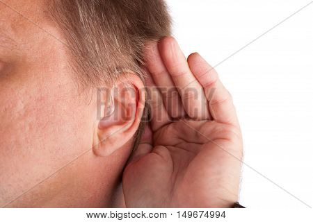 Close up of a deaf man's ear with hearing aid cupping his hand behind his ear. Isolated on white.