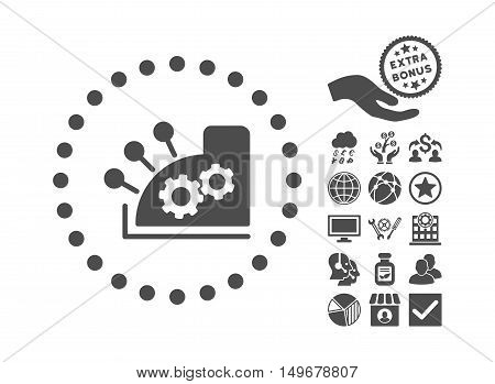 Cash Register pictograph with bonus icon set. Vector illustration style is flat iconic symbols gray color white background.