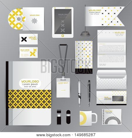 White identity template with Yellow Black origami elements. Vector company style for brandbook guideline and Pens mugs CDs books business cards letterhead flag Card Portfolio employees Tablet