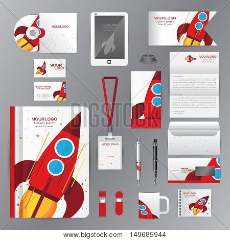 White identity template with red origami elements. Vector company style for Rocket Success Teamwork Pens mugs CDs books business cards letterhead flag Card Portfolio employees Tablet