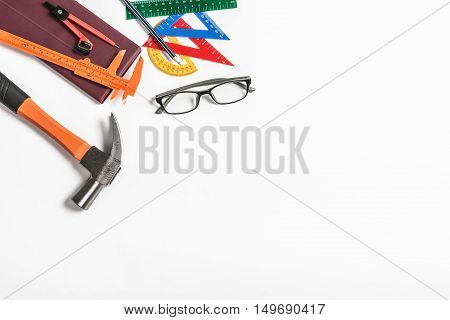 Top View Of Construction Tools Equipment, Vintage Warm Tone