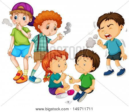 Boys and girl smoking cigarette  illustration