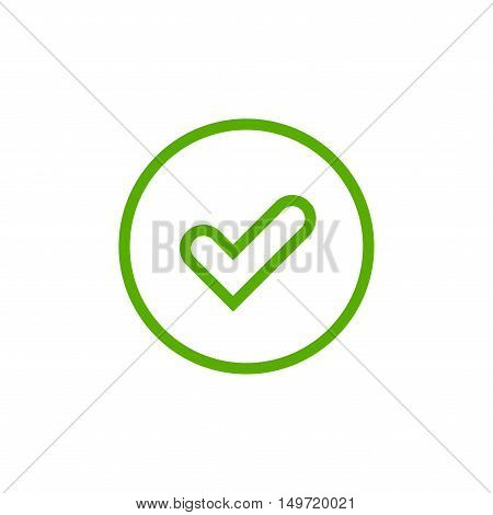 Tick sign element. Green checkmark icon isolated on white background. Simple mark graphic design. Circle OK button for vote decision web. Symbol of correct check approved Vector illustration