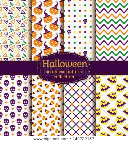 Happy Halloween! Set of seamless backgrounds with pumpkins skulls candy corn bats and abstract geometric patterns. Vector collection in white purple orange yellow and green colors.