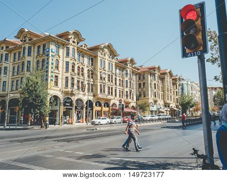 FATIH ISTANBUL TURKEY - SEPTEMBER 17 2016: Men crossing over street of Fatih Istanbul Turkey. 