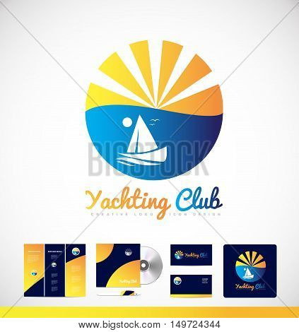 Yacht boat sailing sun vector logo icon sign design corporate identity set cd brochure business card