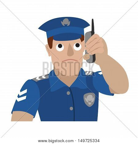 Vector illustration of policeman talking on a mobile phone isolated on white background. Portrait in flat style.
