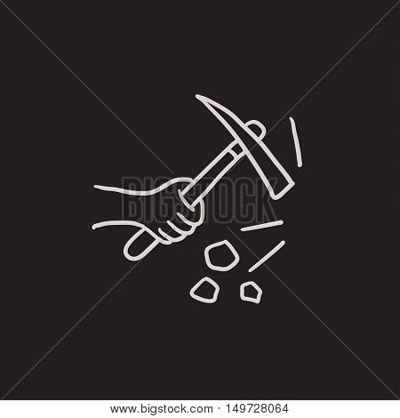 Hand using pickax vector sketch icon isolated on background. Hand drawn Hand using pickax icon. Hand using pickax sketch icon for infographic, website or app.