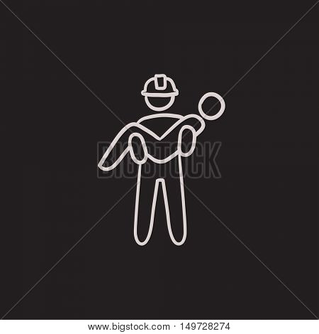 Fireman holding person on hands vector sketch icon isolated on background. Hand drawn Fireman holding person on hands icon. Fireman holding person on hands sketch icon for infographic, website or app.