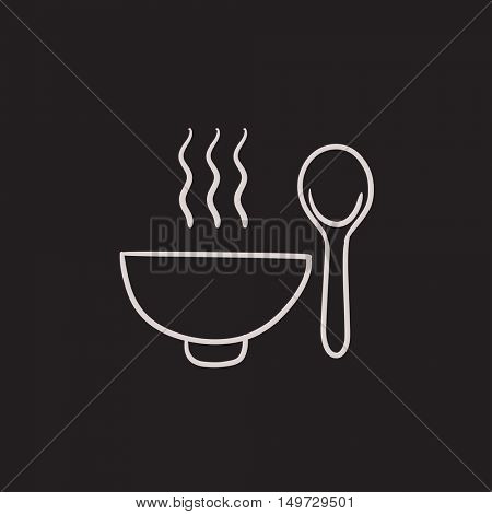 Bowl of hot soup with spoon vector sketch icon isolated on background. Hand drawn Bowl of hot soup with spoon icon. Bowl of hot soup with spoon sketch icon for infographic, website or app.