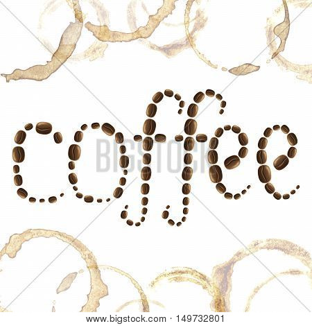 Coffee grains word coffee with spots and blots on white background vector illustration