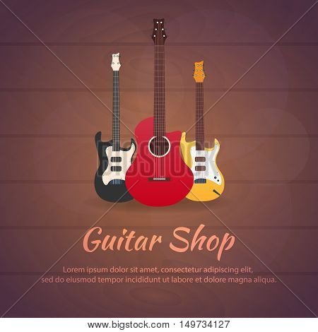 Poster With Musical Instruments. Guitar Shop. Flat Design.
