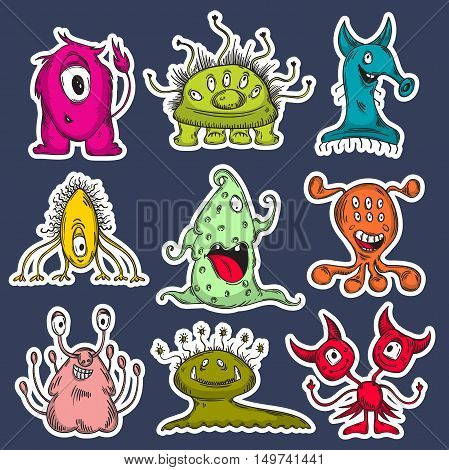 Cute monsters set. Cartoon characters. Colorful hand drawn vector illustration