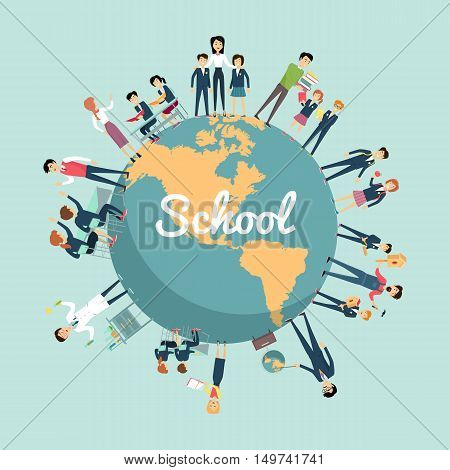 School education in the world concept. Pupils and teachers holding hands around the globe on blue background. Illustrations with learning process, pupils in school uniform, teacher near blackboard.