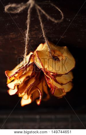 Dried apple slices hanging on string with dark metal backdrop