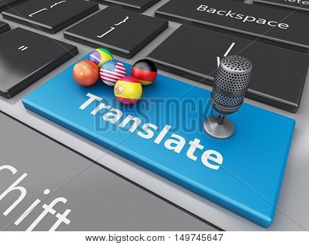 3d renderer image. Translate foreign languages on computer keyboard. Education and translation concept.