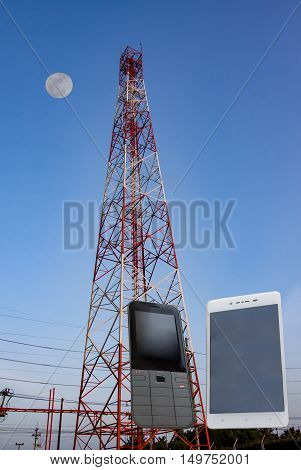 communications tower with a blue sky behind 24 hours