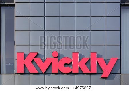 Odder, Denmark - September 25, 2016: Kvickly logo on a wall. Kvickly is a chain of supermarkets in Denmark, owned by Coop Danmark