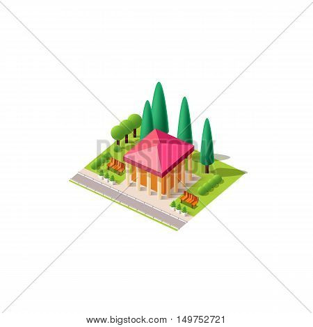 Stock vector illustration isometrics isolated administrative building with columns with arranged territory for business center on a white background