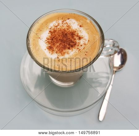 Delicious cappuccino cup with cream froth and cinnamon