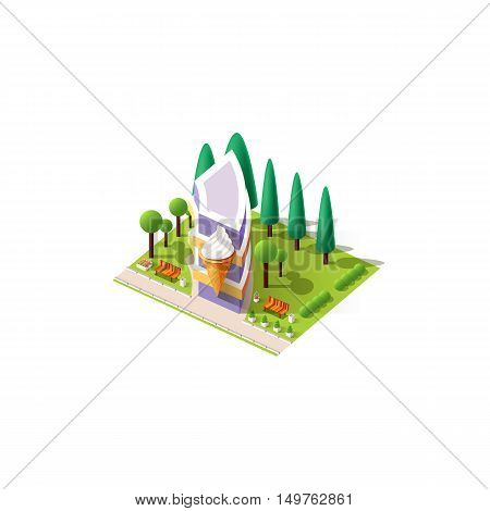 Stock vector illustration isometrics isolated Ice cream cafe building with arranged territory for business center on a white background