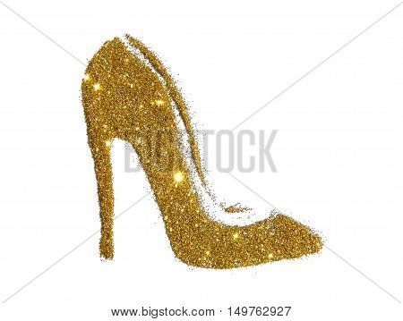 High heel shoe of golden glitter sparkle on white background