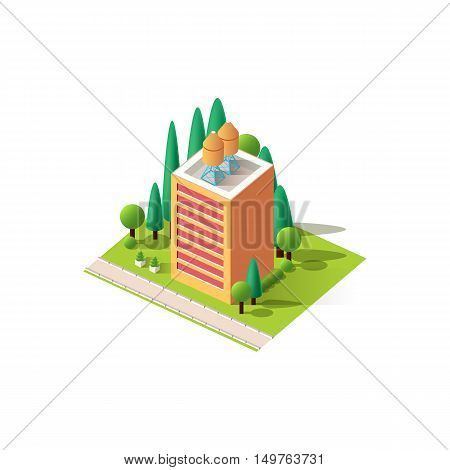 Stock vector illustration isometrics isolated multistory building with offices and skyscraper with apartments, arranged territory for business center on a white background