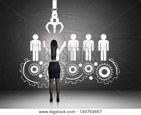 Rear view of businesswoman ready to be picked with grapping hook. Sketch of conveyor belt with people in the background. Concept of recruiting agency.