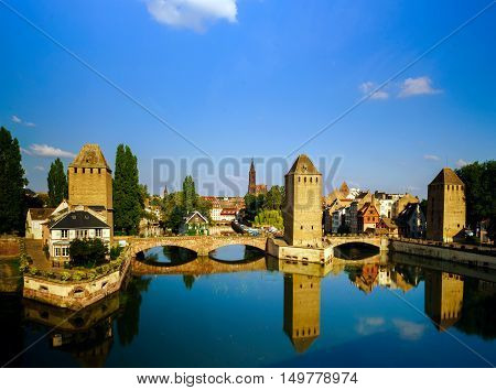 Old Historical Center Of Strasbourg. Fortress Towers And Briges In Little France With Reflection In