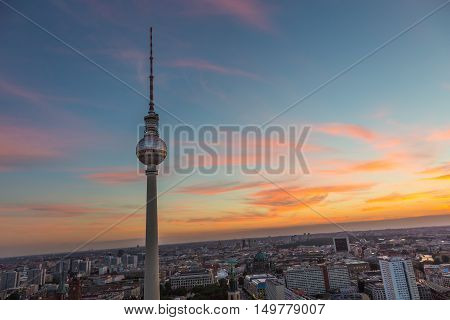 Panoramic view over Berlin at dusk from roof of the Hotel Park Inn Berlin.