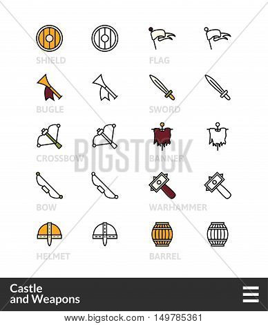 Black and color outline icons, slim line pictograms vector set 54 - Castle and weapons symbol collection