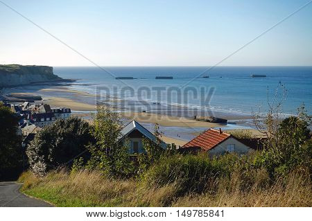 Arromanches, France, September 28, 2016: The d-day beach Gold at Arromanches, France.