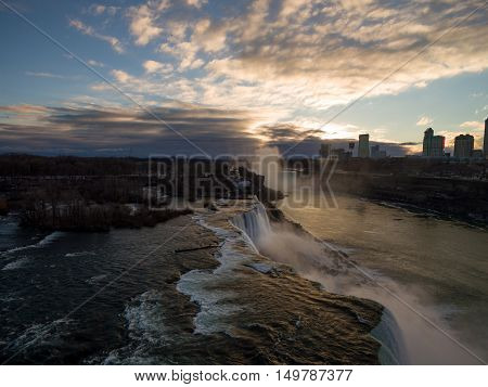 Aerial view of Sunset on Niagara Falls during winter time