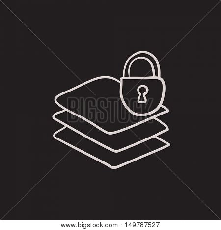 Stack of papers with lock vector sketch icon isolated on background. Hand drawn Stack of papers with lock icon. Stack of papers with lock sketch icon for infographic, website or app.