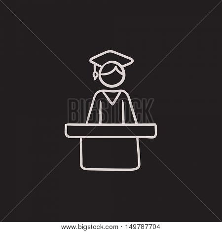Graduate standing at the tribune vector sketch icon isolated on background. Hand drawn Graduate standing at the tribune icon. Graduate at the tribune sketch icon for infographic, website or app.
