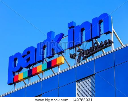 Rumlang, Switzerland - 30 September, 2016: upper part of the Hotel Park Inn by Radisson building. Park Inn by Radisson is a brand of the Radisson Hotels - an international hotel company with more than 990 locations in 73 countries.