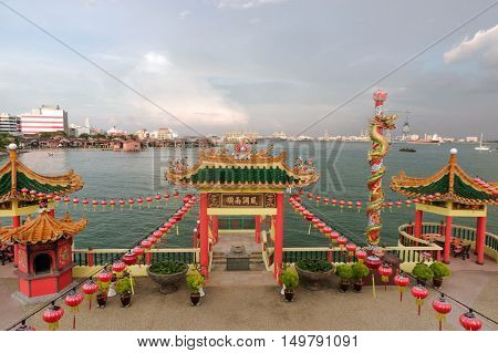 GEORGETOWN MALAYSIA - MAY 29: closeup view of Hean Boo Thean Kuanyin Chinese Buddhist temple in Clan Jetties. Built on stilts over the harbor of George Town