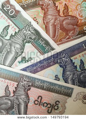 Myanmar Kyats paper bank notes background, close up