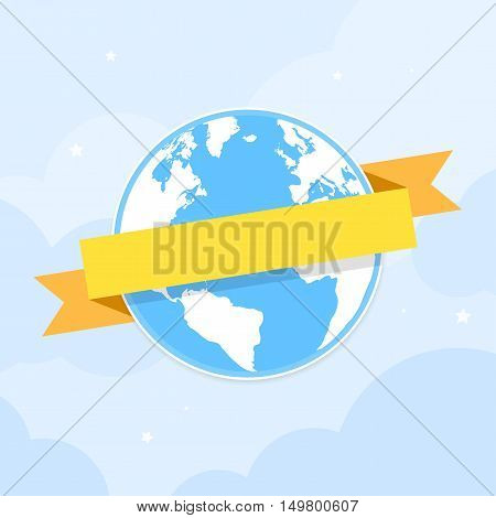 Planet Earth with ribbon banner around it. Vector illustration