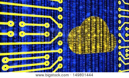 Internet of things connected cloud concept with a yellow digital cloud symbol in front of a blue datastream background on a circuit board 3D illustration