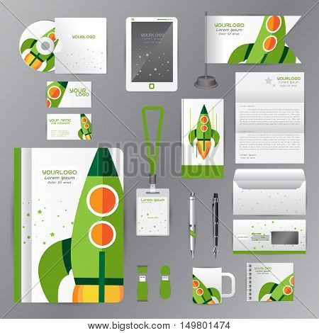 White identity template with green origami elements. Vector company style for Rocket Success Teamwork Pens mugs CDs books business cards letterhead flag Card Portfolio employees Tablet
