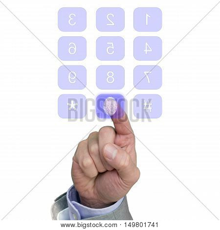Keypad with fingerprint sensor viewed from the back security biometric concept