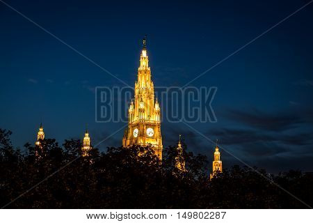 Vienna Town Hall at night landmark and local government at the Ring Strasse